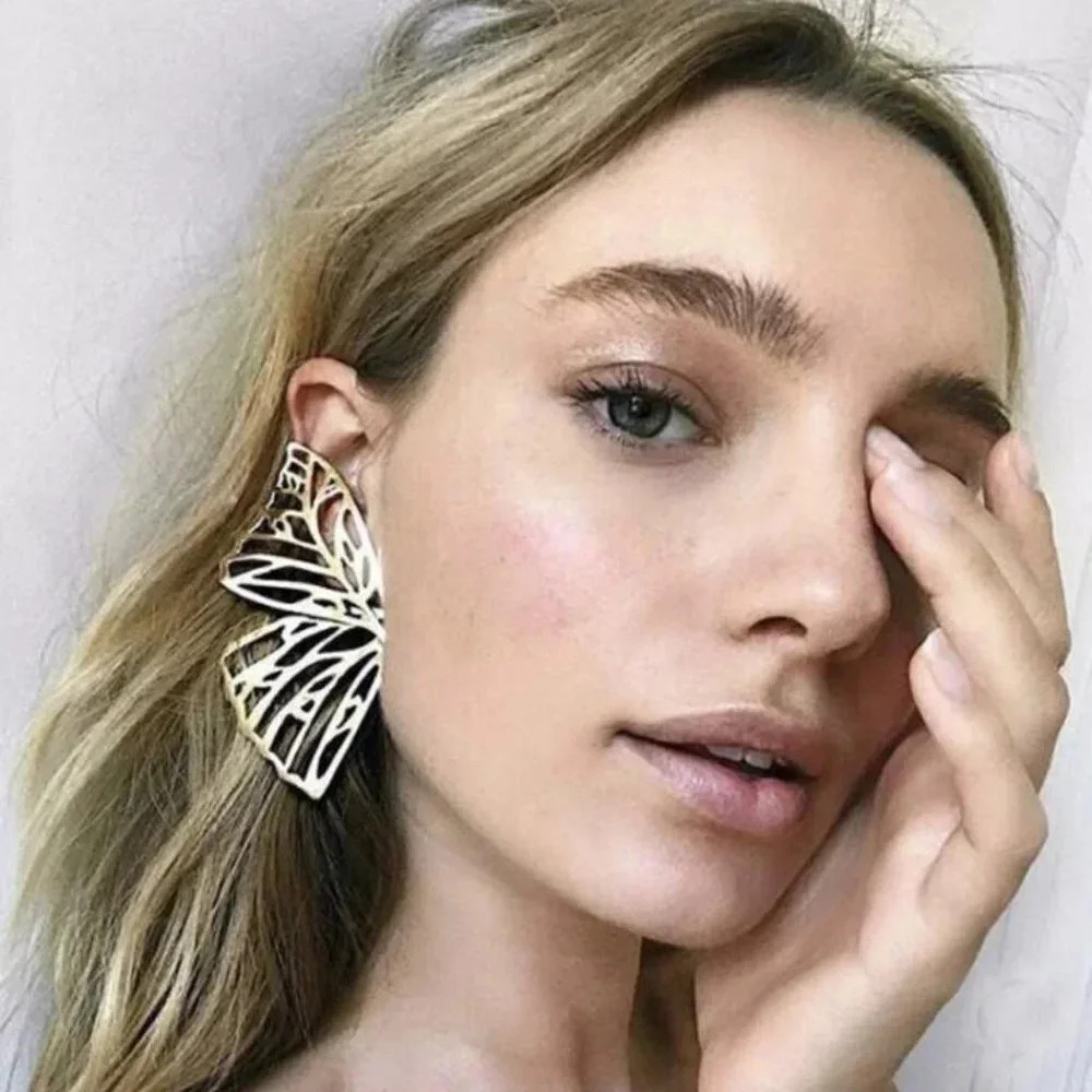 Large Big Gold Butterfly Wings Statement Stud Earrings Gold Statement Earrings - Picture 3 of 7